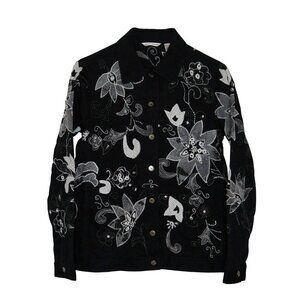 Laura Ashley Black White Embroidered Floral Applique Beaded Blazer Jacket Sz S